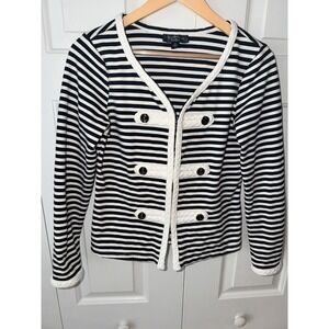 Vtg Katherine New York White Black Striped Knit Blazer Jacket Boho Unique M